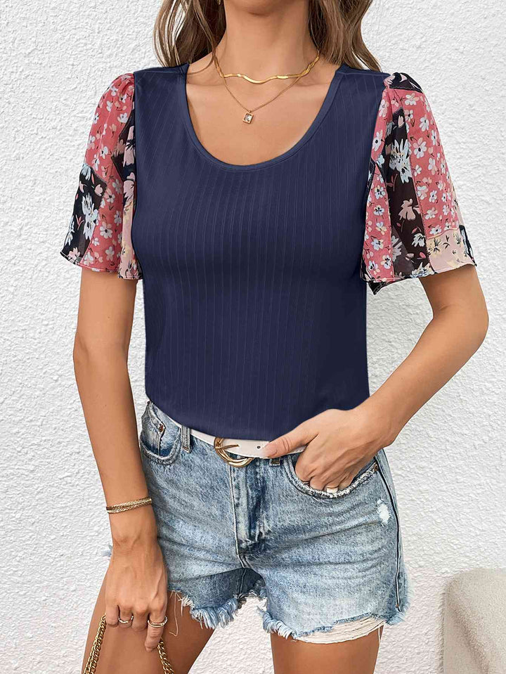 Printed Puff Sleeve Round Neck Tee | 1mrk.com