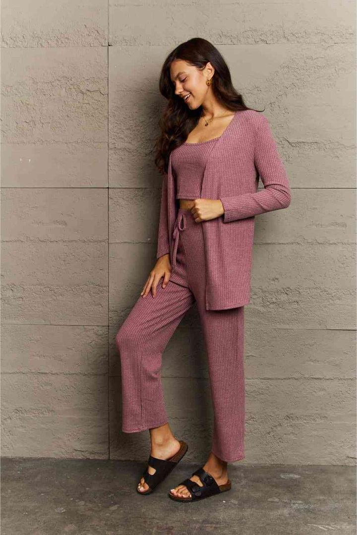 Ninexis Full Size Cropped Top, Long Pants and Cardigan Lounge Set | 1mrk.com