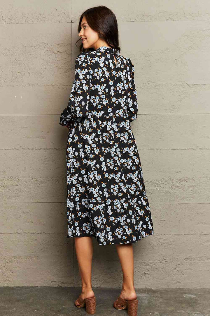 Printed Round Neck Flounce Sleeve Dress |1mrk.com