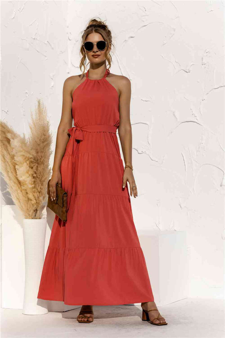 Halter Neck Tie Waist Tiered Maxi Dress |1mrk.com