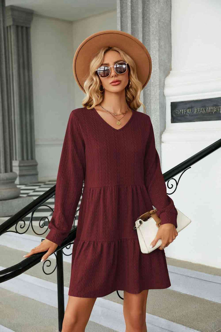 V-Neck Long Sleeve Mini Dress |1mrk.com