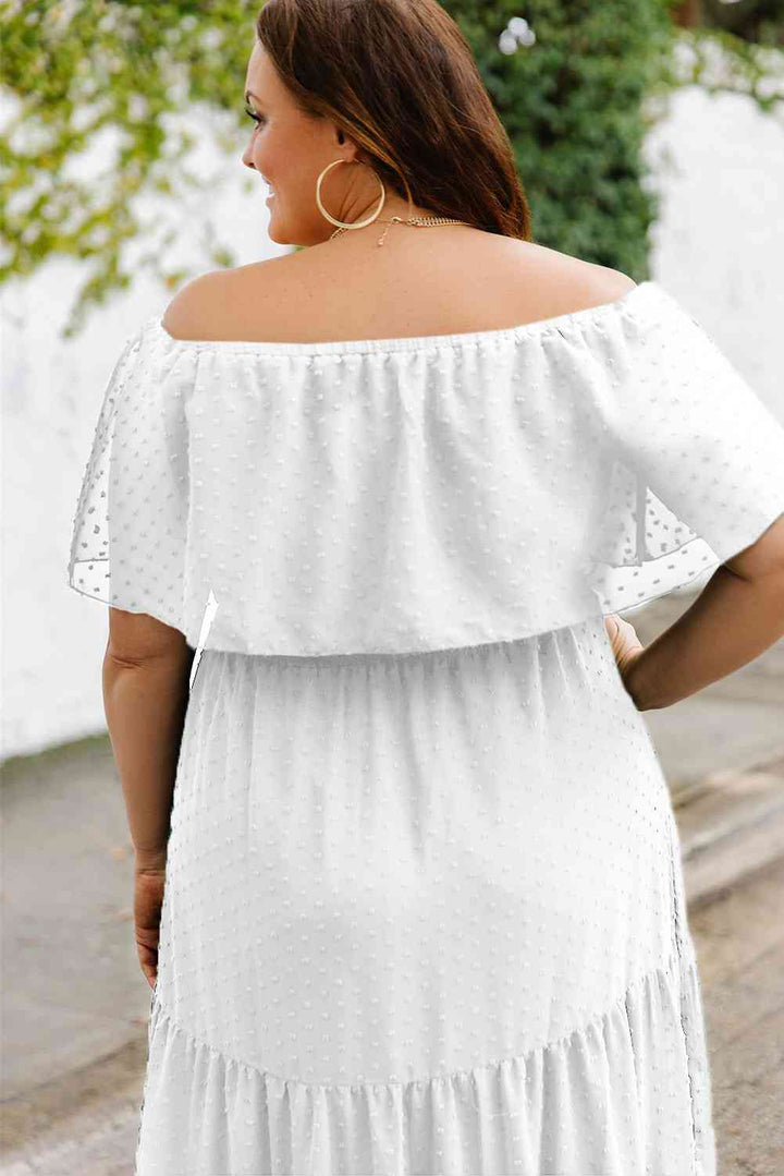 Plus Size Swiss Dot Off-Shoulder Tiered Dress |1mrk.com