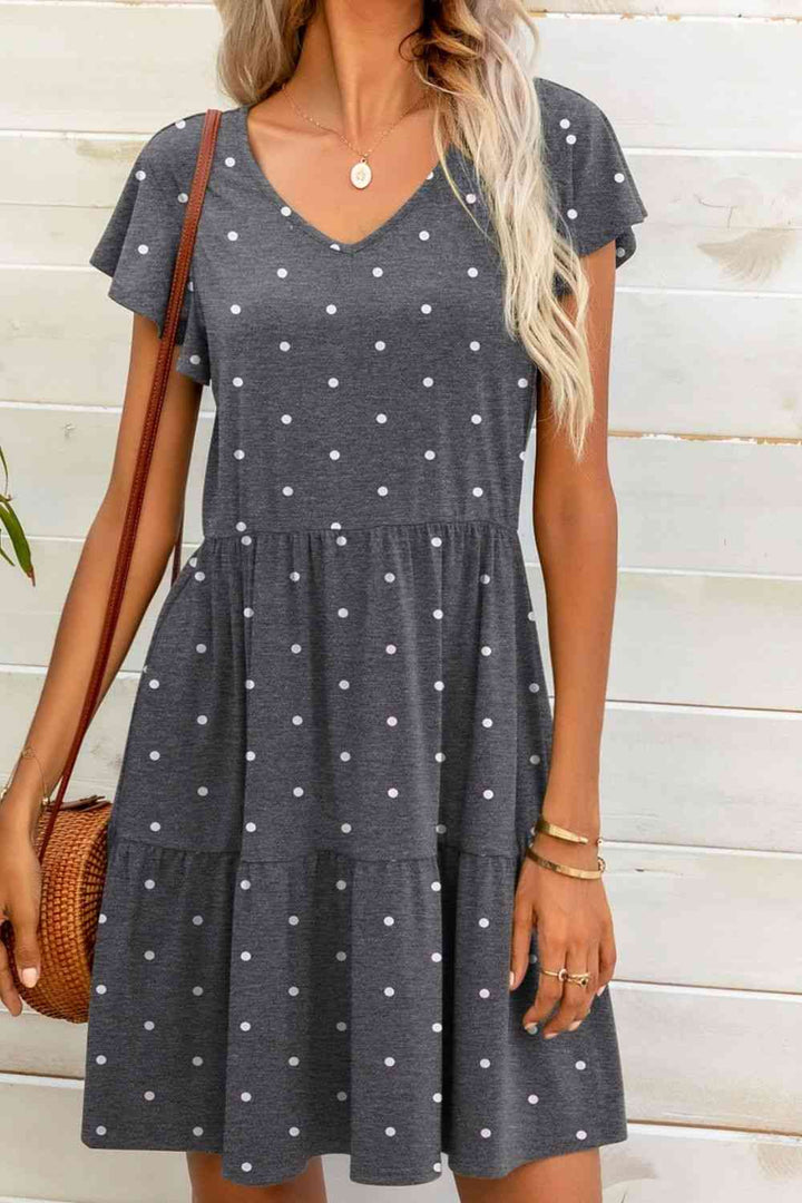 Polka Dot V-Neck Flutter Sleeve Mini Dress |1mrk.com