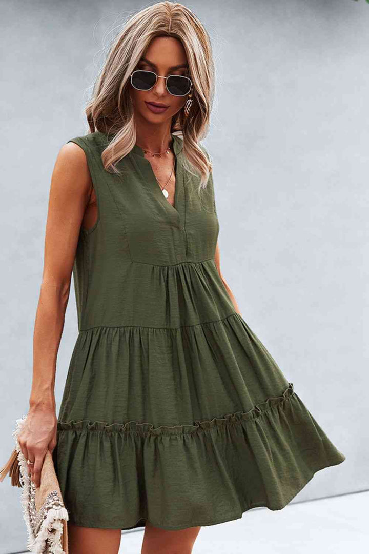 Frill Trim Notched Sleeveless Tiered Dress |1mrk.com