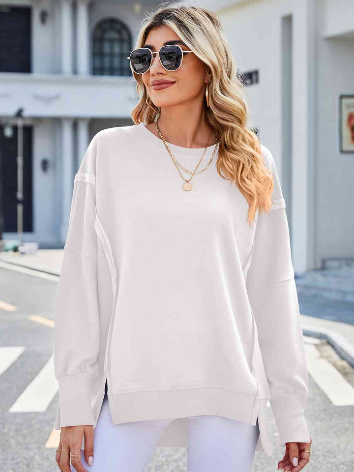 Exposed Seam High-Low Round Neck Sweatshirt |1mrk.com