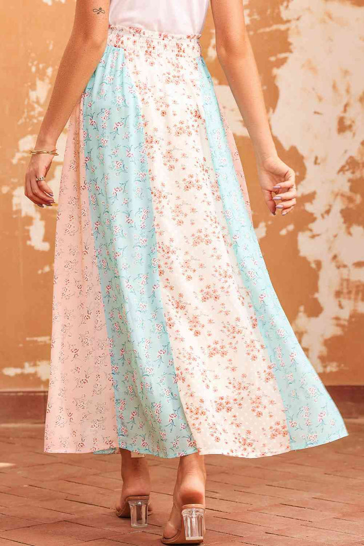 Floral Color Block Smocked Waist Maxi Skirt |1mrk.com