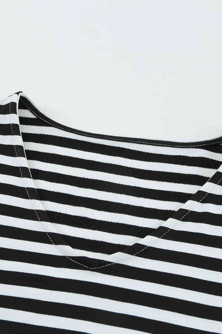 Striped Tie-Waist Frill Trim V-Neck Dress |1mrk.com