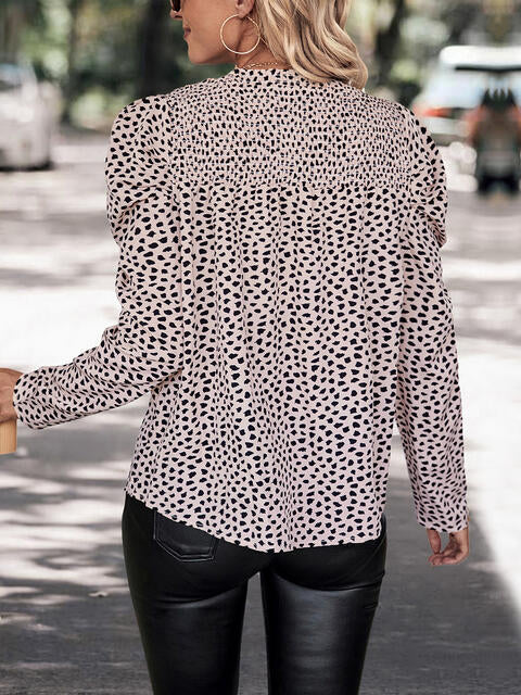 Printed Round Neck Puff Sleeve Blouse |1mrk.com