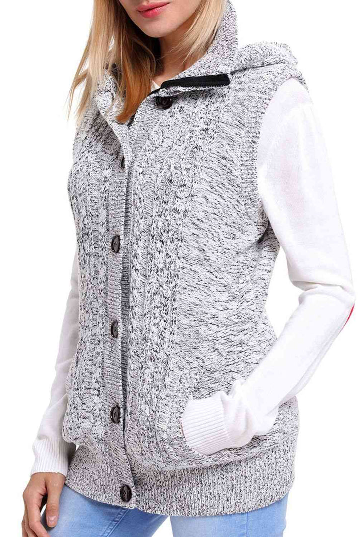 Button and Zip Closure Hooded Sweater Vest |1mrk.com