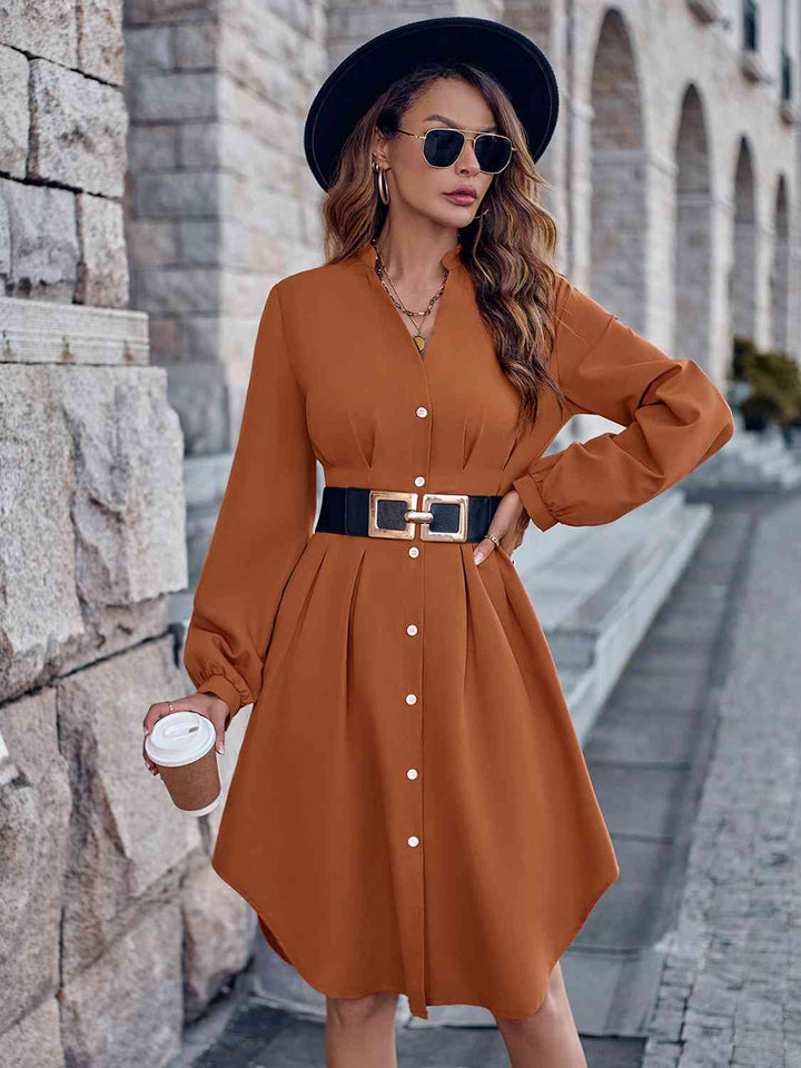 Notched Neck Long Sleeve Dress |1mrk.com