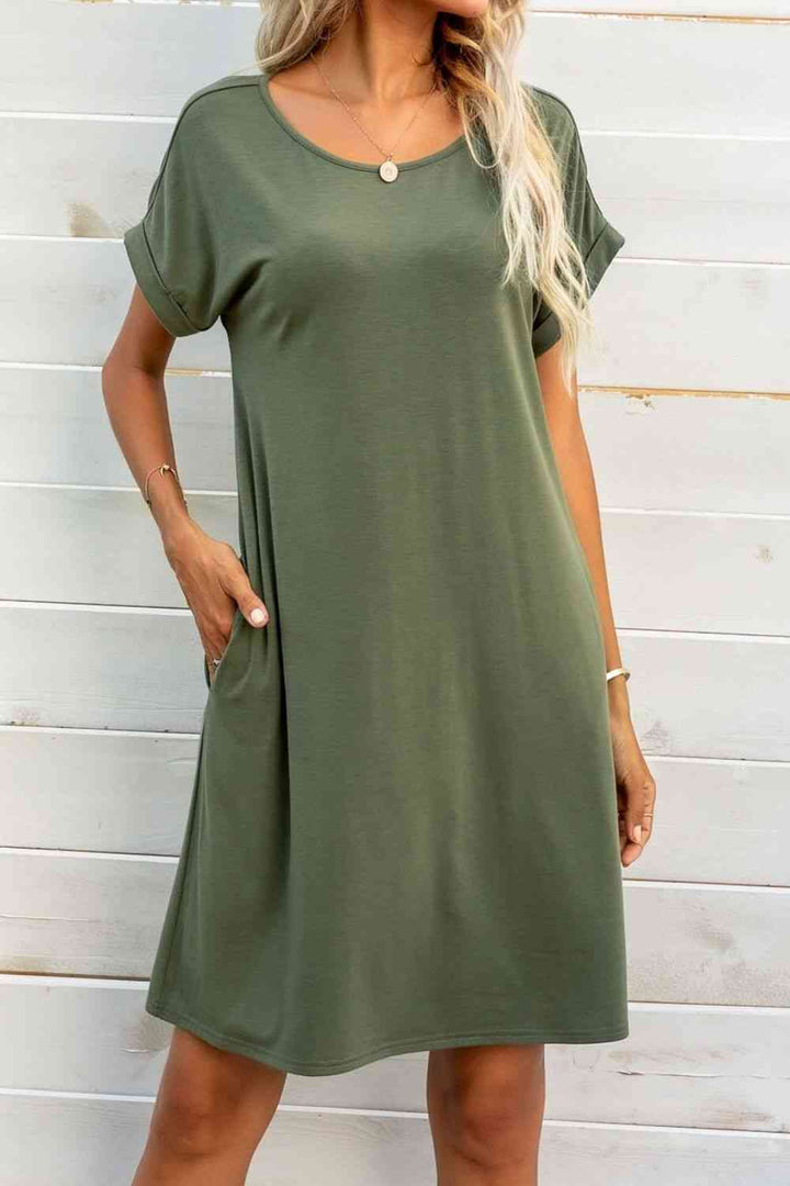 Scoop Neck Short Sleeve Pocket Dress |1mrk.com