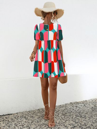 Geometric Frill Round Neck Short Sleeve Dress |1mrk.com