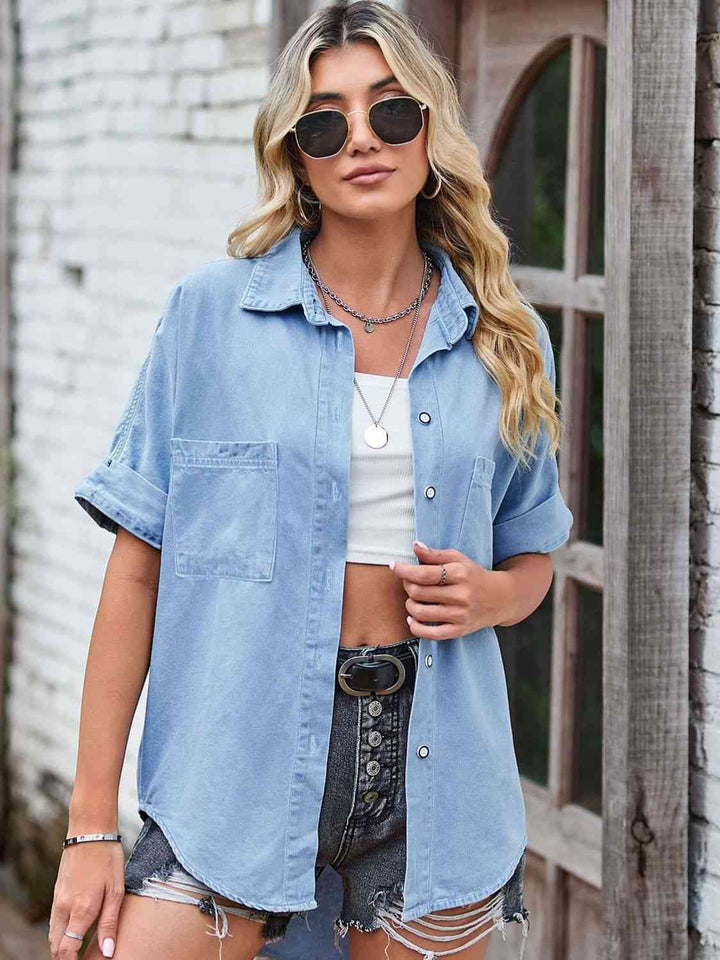 Collared Neck Denim Jacket with Pockets | 1mrk.com