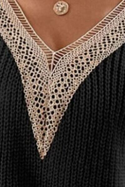 Openwork V-Neck Dropped Shoulder Sweater | Trendsi