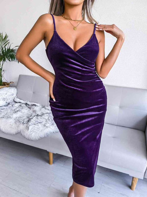 Velvet Spaghetti Strap Side Slit Dress |1mrk.com