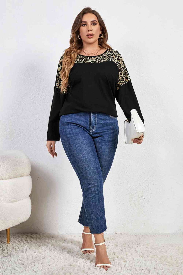 Melo Apparel Plus Size Leopard Trim Round Neck Long Sleeve Tee | 1mrk.com