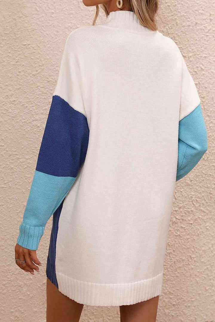 Color Block Mock Neck Dropped Shoulder Sweater Dress | 1mrk.com