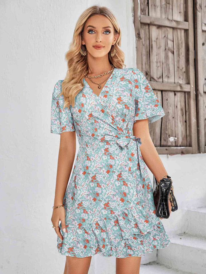 Floral Short Sleeve Ruffle Hem Dress |1mrk.com