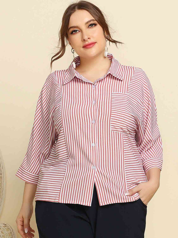 Plus Size Striped Three-Quarter Sleeve Shirt |1mrk.com