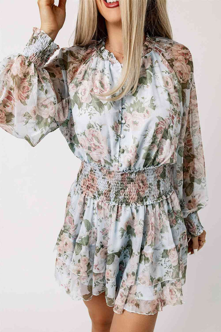 Floral Smocked Waist Layered Mini Dress |1mrk.com