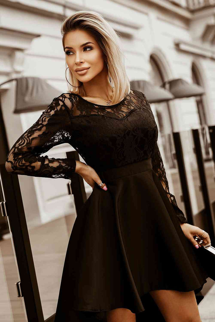 Spliced Lace High-Low Long Sleeve Dress |1mrk.com