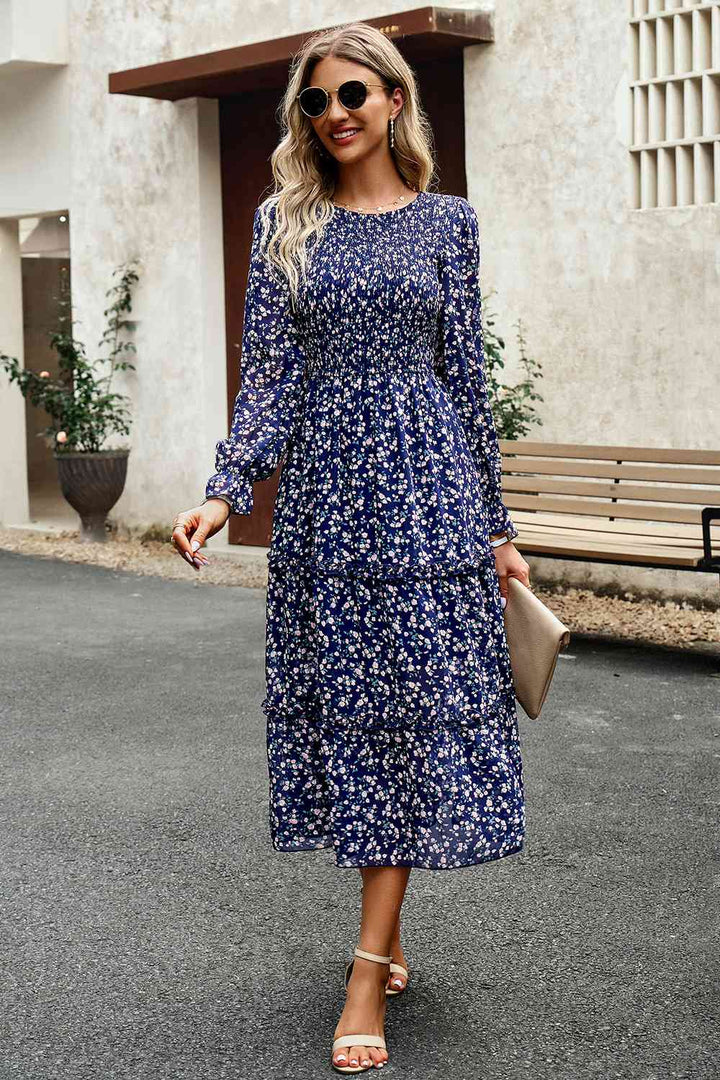 Smocked Flounce Sleeve Midi Dress | 1mrk.com