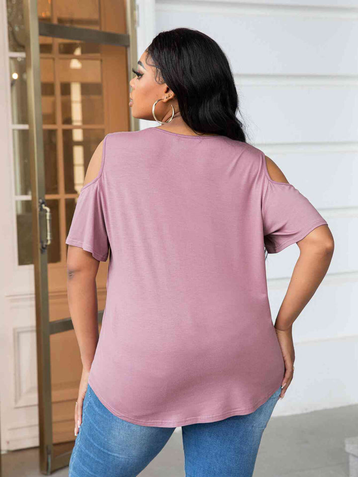 Plus Size Cold-Shoulder Round Neck Curved Hem Tee | 1mrk.com