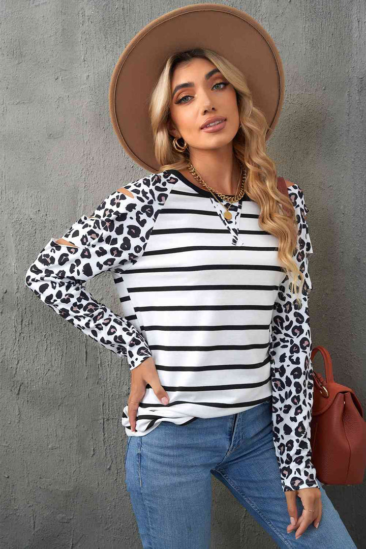 Leopard Print Striped Distressed Long Sleeve Tee | 1mrk.com