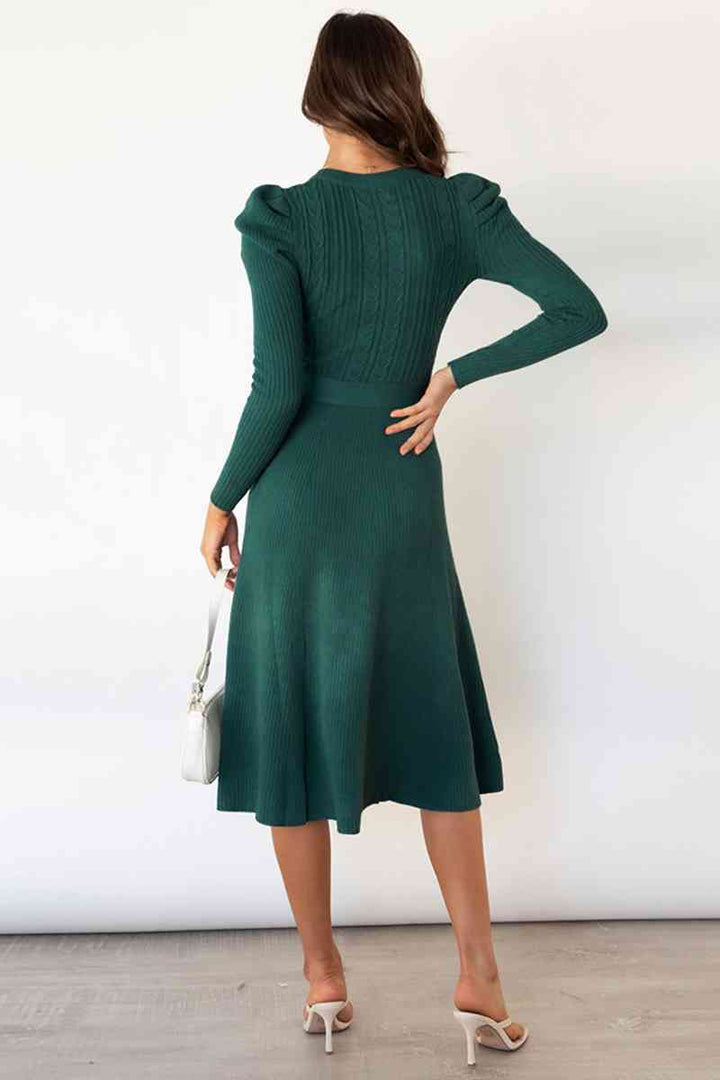 Round Neck Long Sleeve Tie Waist Sweater Dress | 1mrk.com