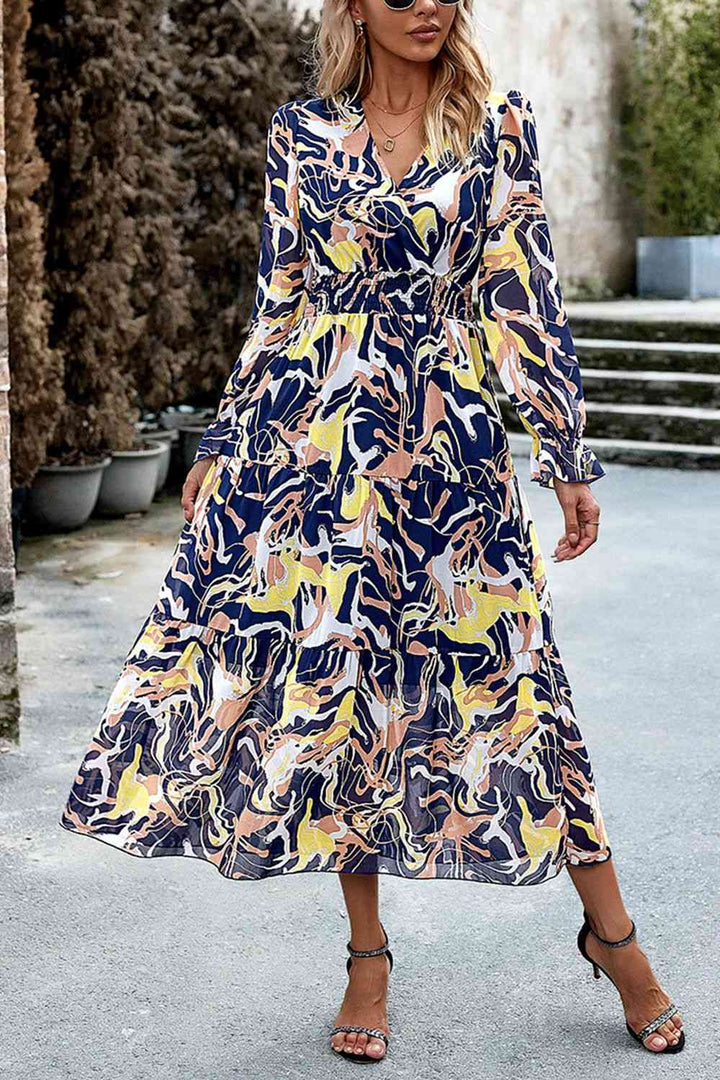 Printed Surplice Neck Flounce Sleeve Midi Dress |1mrk.com