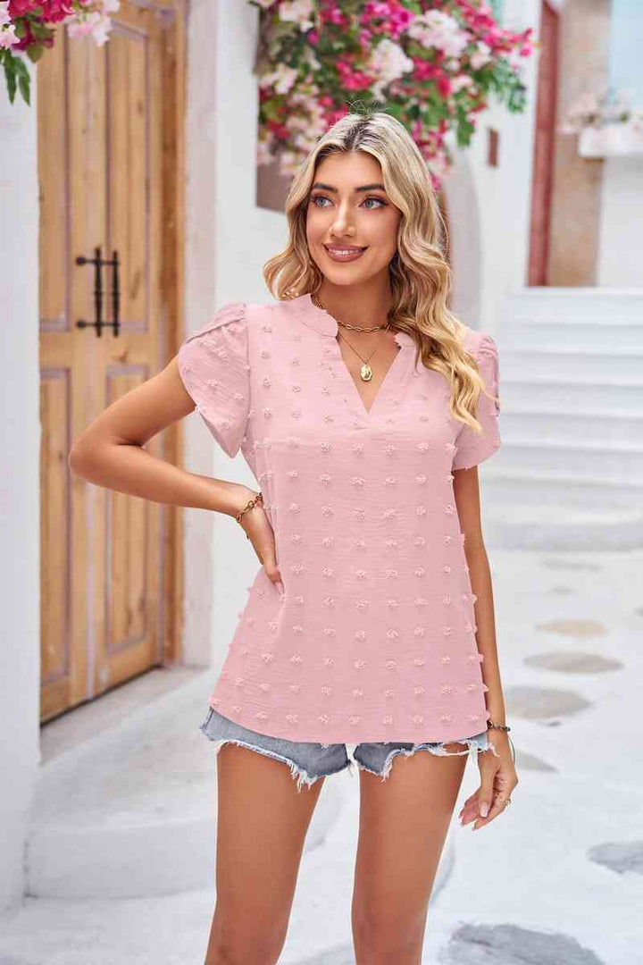 Swiss Dot Petal Sleeve Notched Top | 1mrk.com