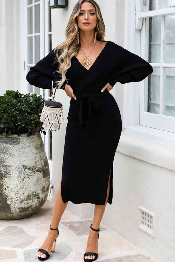 Surplice Neck Bow Waist Slit Sweater Dress |1mrk.com