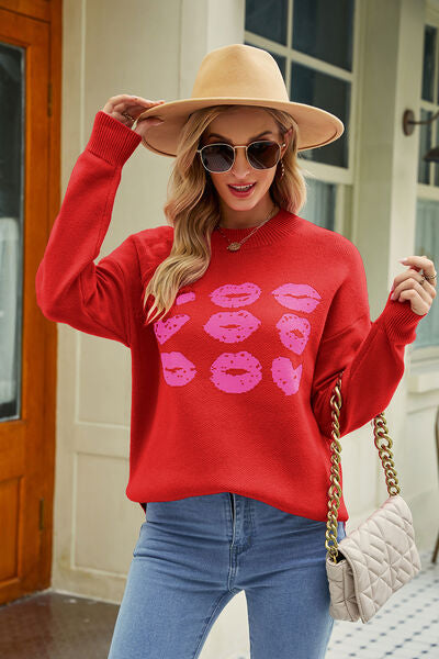 Contrast Lip Pattern Round Neck Slit Sweater |1mrk.com