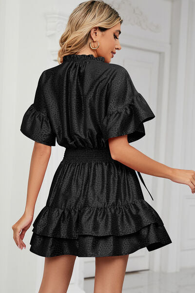 Smocked Tie Neck Flounce Sleeve Dress |1mrk.com