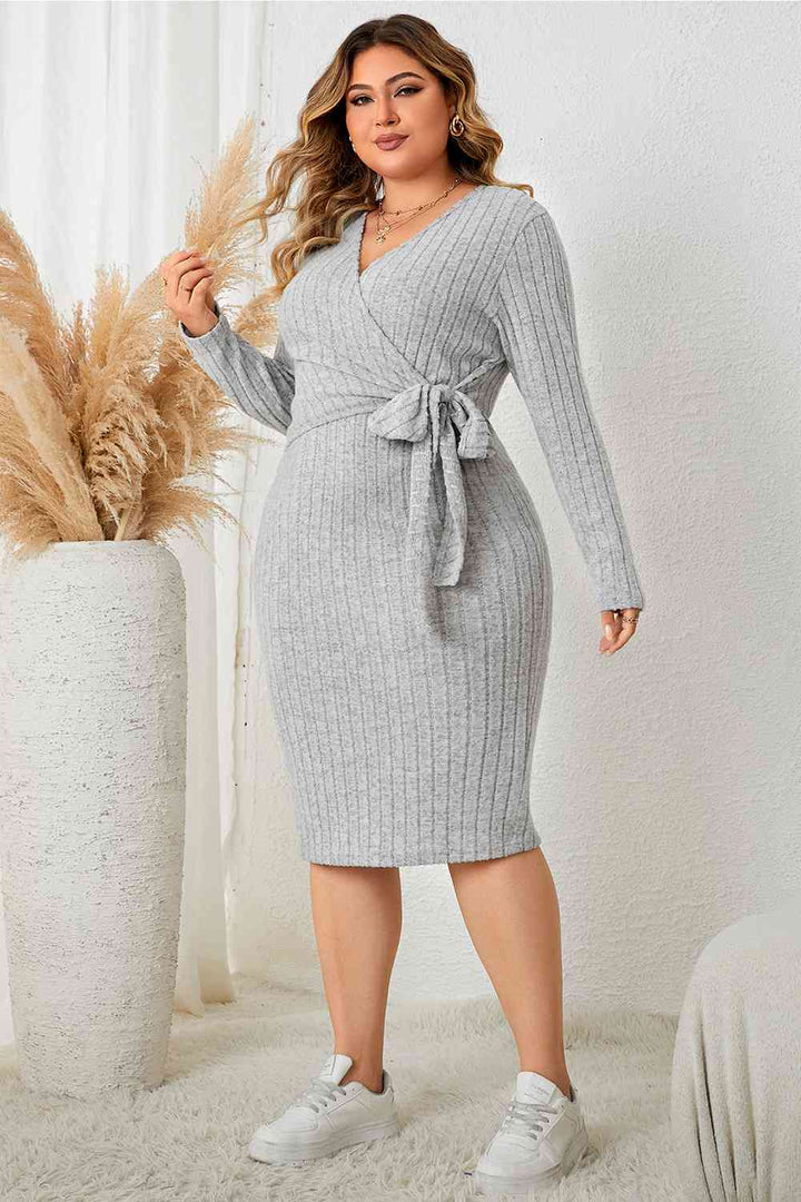 Plus Size Surplice Neck Long Sleeve Slit Dress |1mrk.com