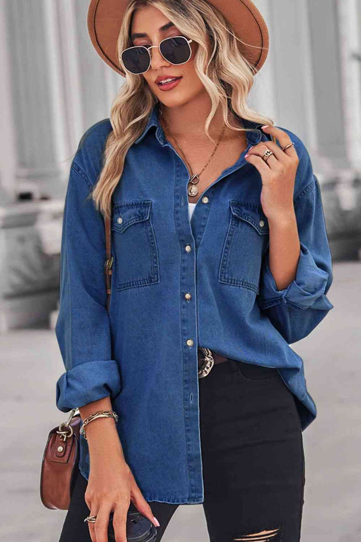 Collared Neck Dropped Shoulder Denim Top | 1mrk.com