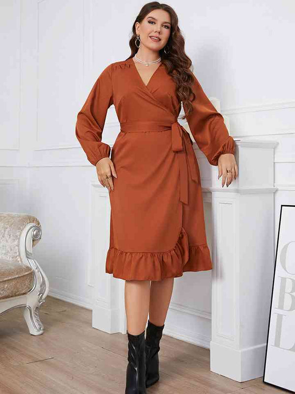 Plus Size Surplice Neck Tie Waist Dress |1mrk.com