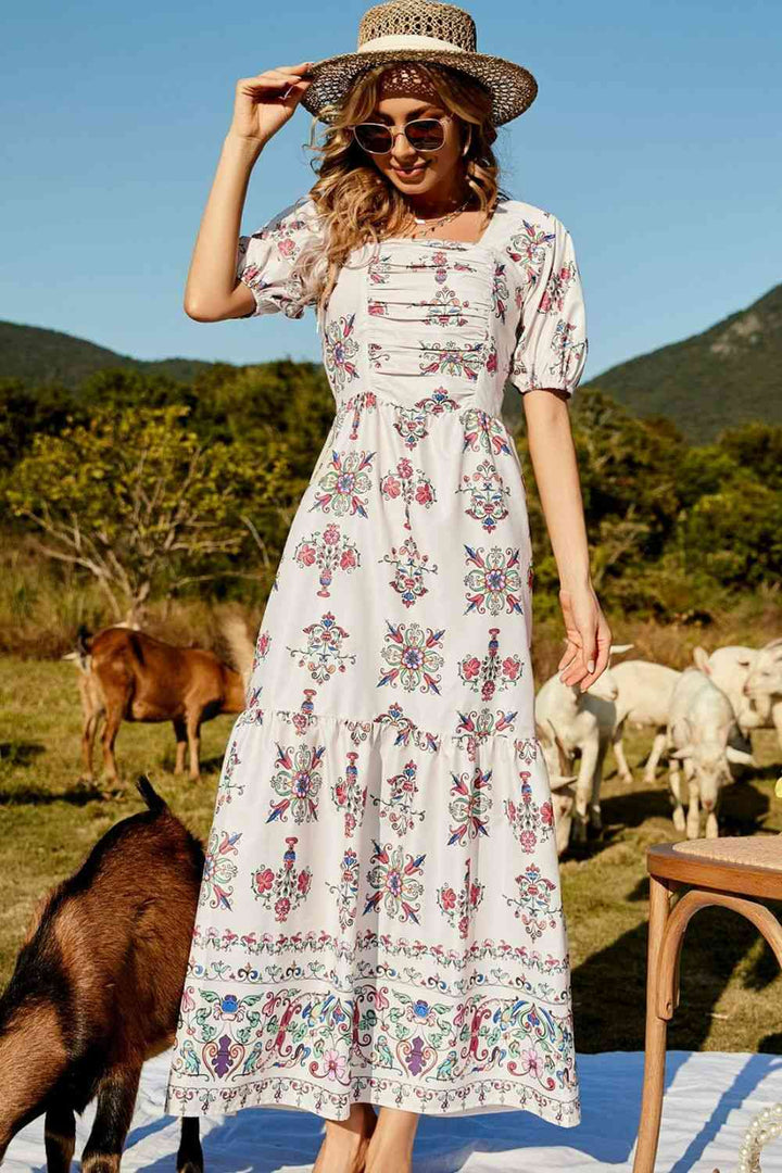 Floral Ruched Puff Sleeve Tiered Maxi Dress | 1mrk.com