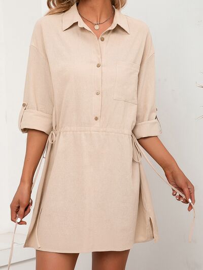 Drawstring Half Button Roll-Tab Sleeve Dress | Trendsi