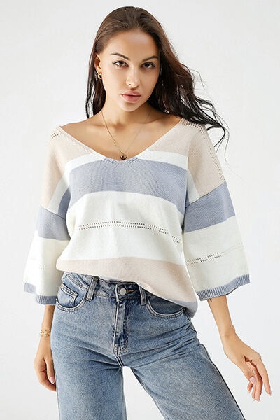 Color Block V-Neck Dropped Shoulder Sweater |1mrk.com