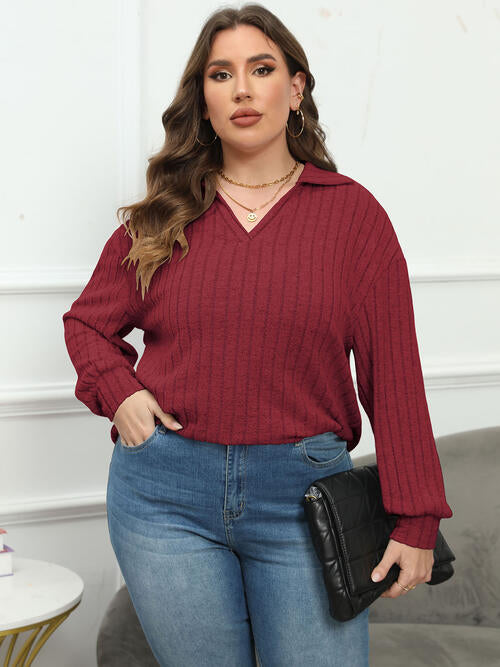 Plus Size Ribbed Collared Neck Long Sleeve Blouse | 1mrk.com