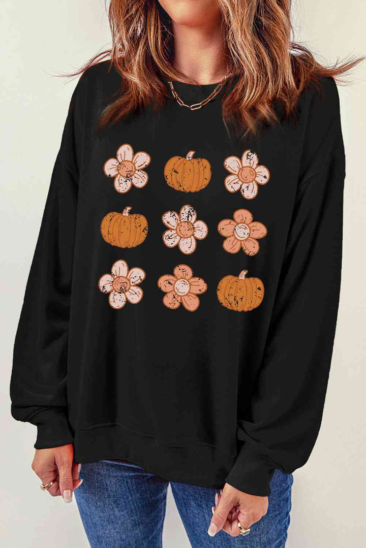 Simply Love Round Neck Long Sleeve Pumpkin & Flower Graphic Sweatshirt |1mrk.com