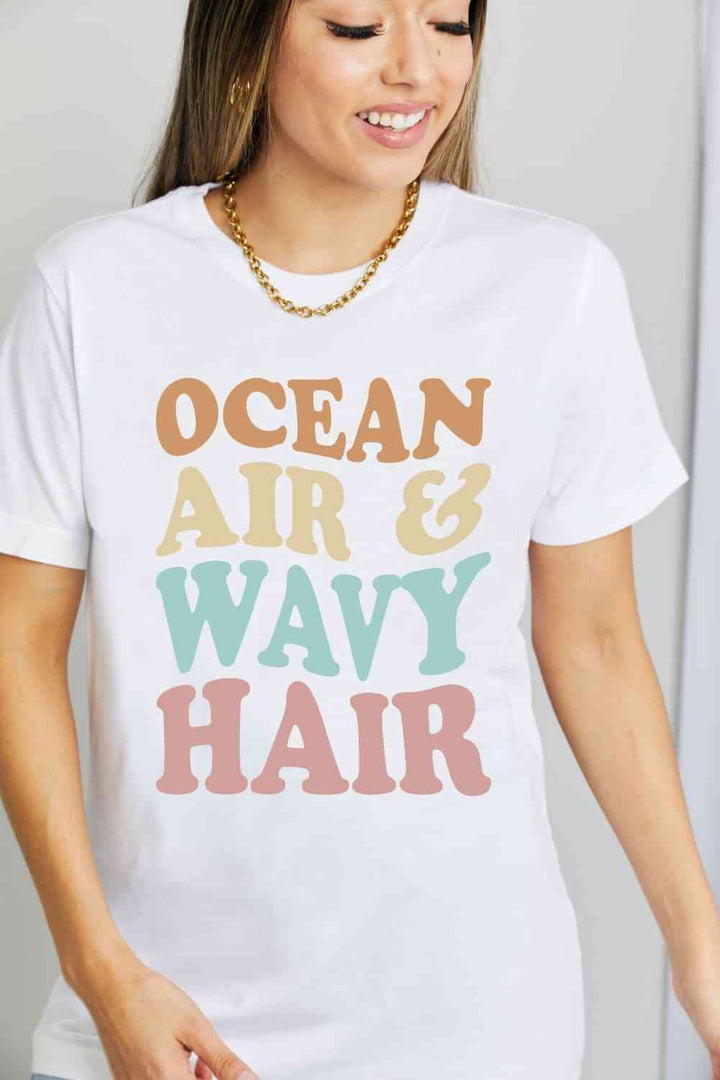 Simply Love Full Size OCEAN AIR & WAVY HAIR Graphic Cotton T-Shirt | 1mrk.com