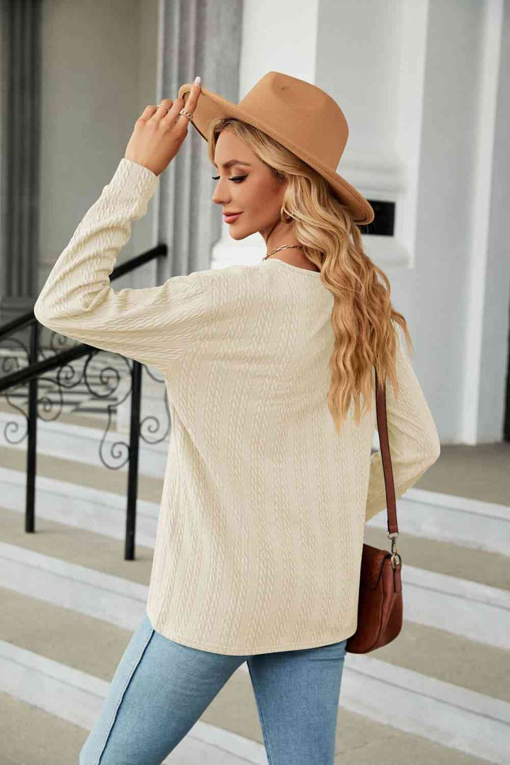 Decorative Button V-Neck Long Sleeve T-Shirt | 1mrk.com