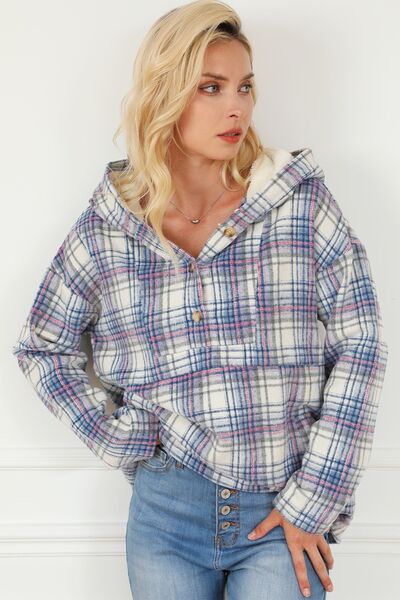 Plaid Long Sleeve Buttoned Hoodie |1mrk.com