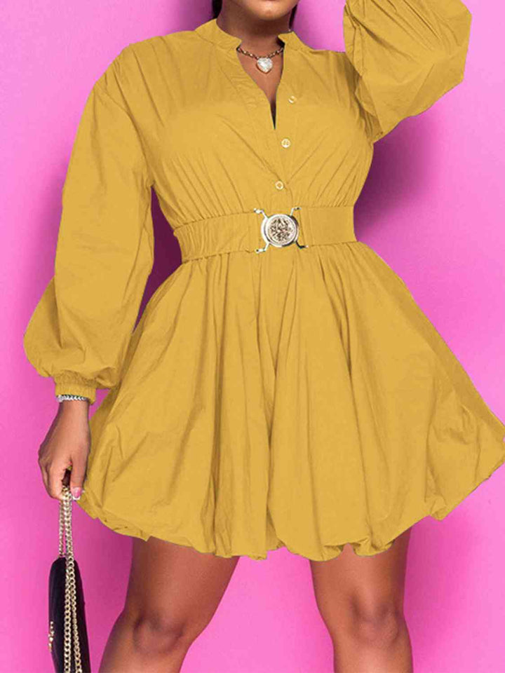 Notched Button Up Balloon Sleeves Dress | 1mrk.com