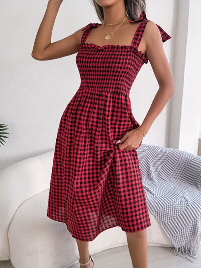 Frill Plaid Square Neck Midi Dress |1mrk.com