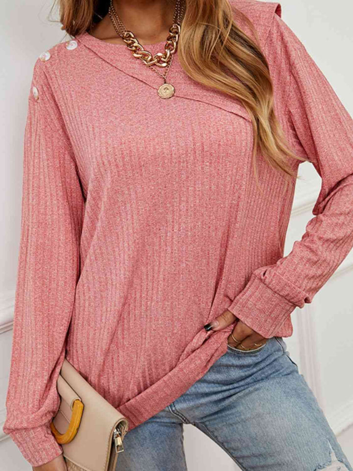 Asymmetrical Round Neck Buttoned Dropped Shoulder Tee | 1mrk.com