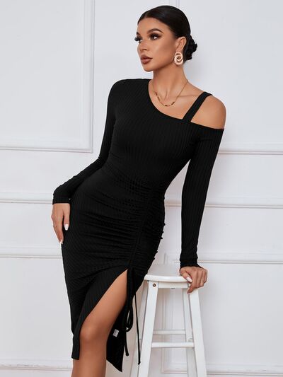 Ribbed Ruched Drawstring Wrap Dress | 1mrk.com