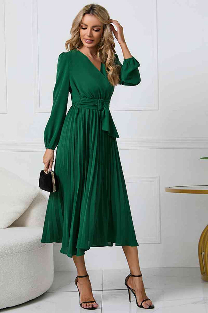 V-Neck Long Sleeve Tie Waist Midi Dress | 1mrk.com